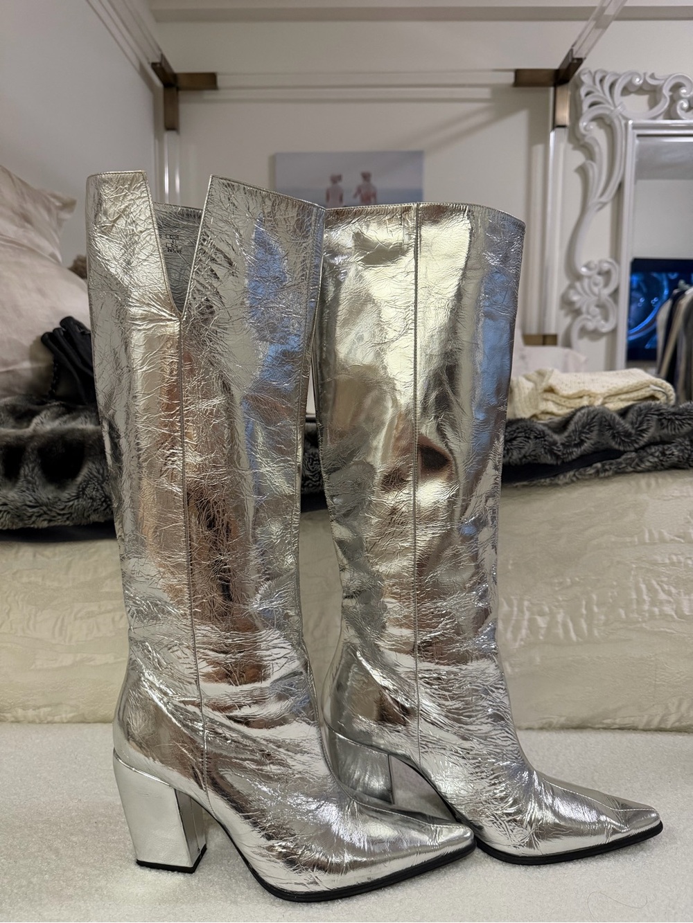 Zara Silver Metallic Knee-High Block Heel Western Boot - Sz 10 US/ Zara 41